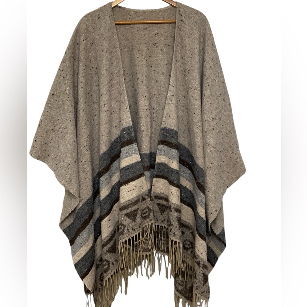 Italian Made Wool Blend Aztec Fringe Blanket Wrap